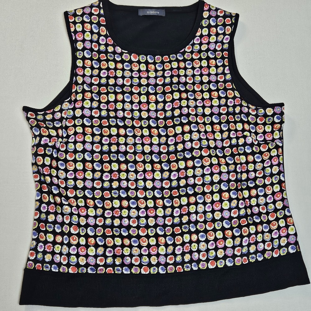 Liz Claiborne Silk Blend Sleeveless Tank‎ Top Black Multicolor Dot Print Women's